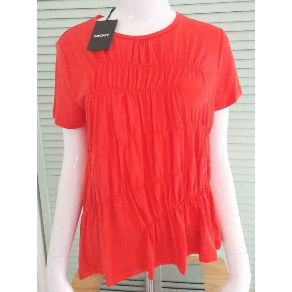 NWT DKNY Women's XS Red Coral Short Sleeve Cotton Top Tee T-Shirt Blouse